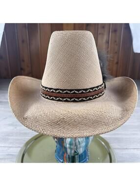 VTG Stetson Straw Cowboy Hat Mens 7 3/8 Tan Made in USA Wide Brim Tall Crown